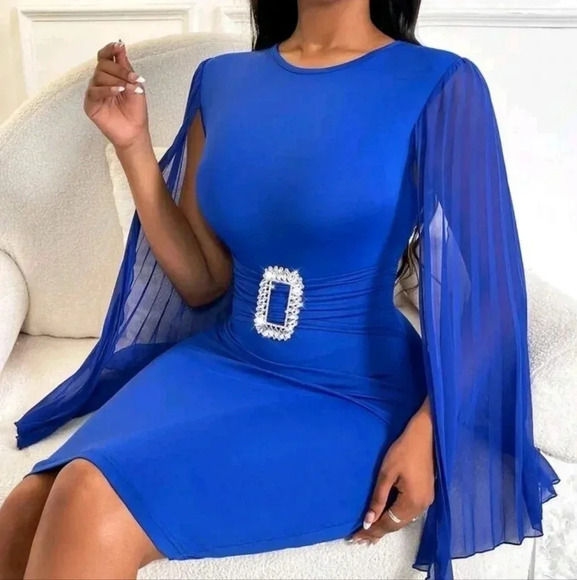 Lady Cloak Sleeve Rhinestone Buckle Detail Bodycon Dress - Picture 1 of 6